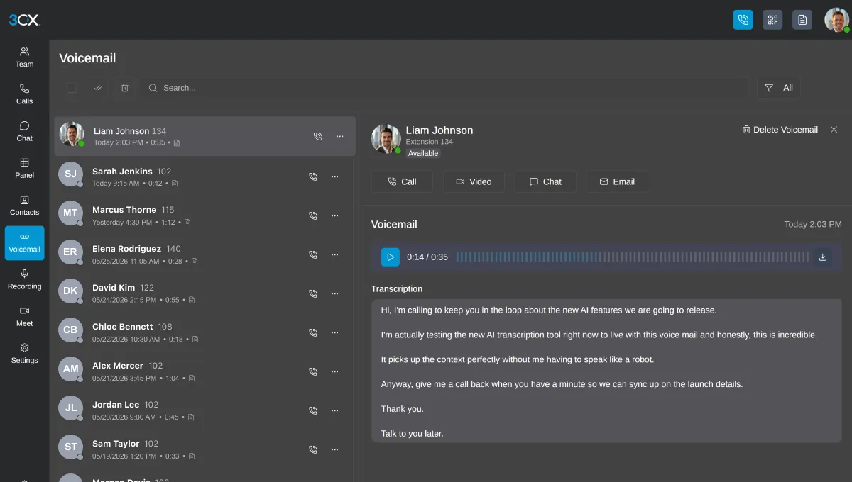 Voicemail in the 3CX web client with audio player and AI-generated text transcription