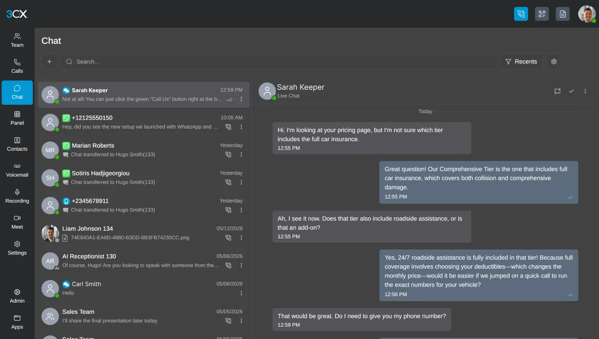 3CX unified chat inbox: website live chat, WhatsApp, SMS and an open conversation with a visitor