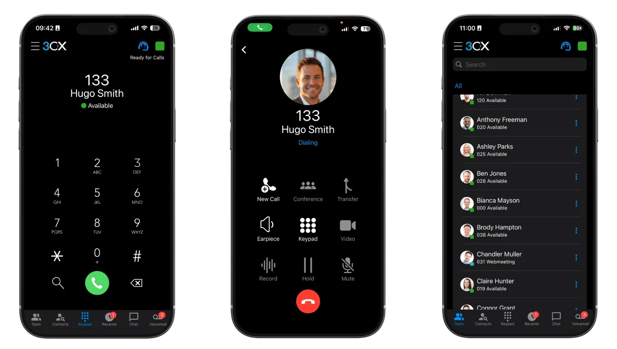 Three 3CX mobile app screens: keypad, outgoing call and contact list with presence