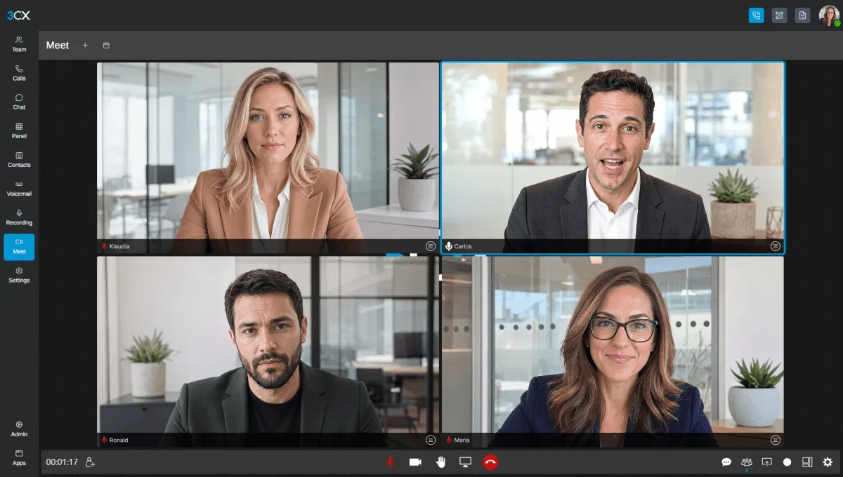 3CX video meeting in the web client with four participants shown in a grid