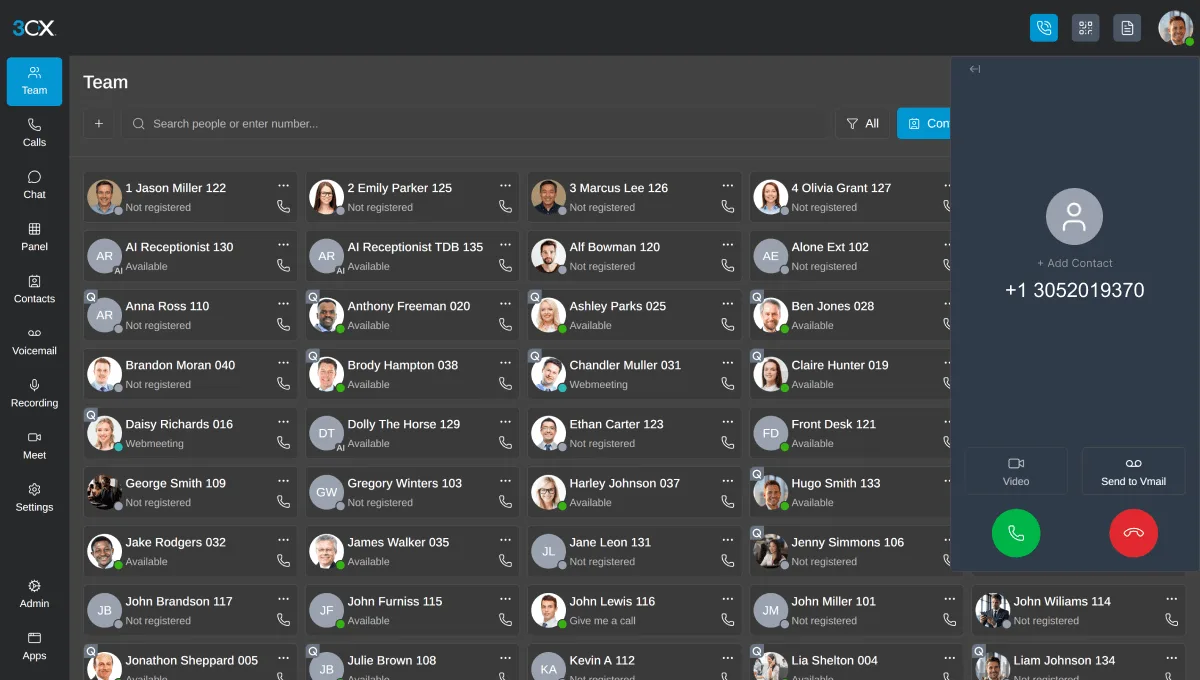 3CX web client in dark mode: Team view with colleague presence status and a dialler panel